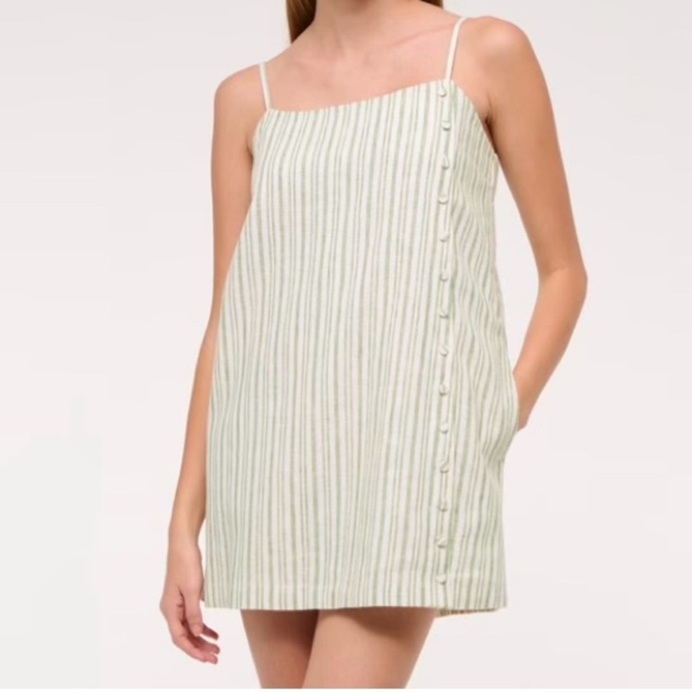 Abercrombie & Fitch Linen Blend Mini Dress Skort Green Stripe Button Summer XS